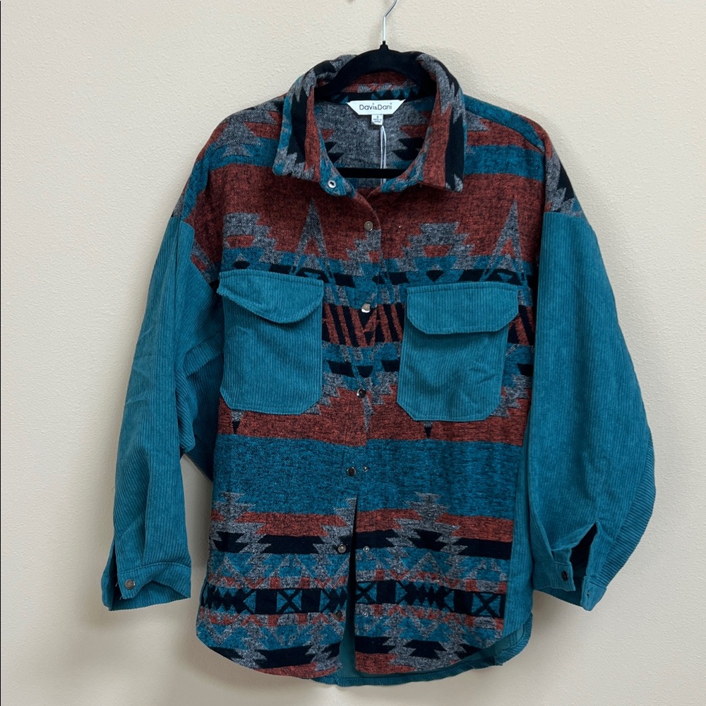 DAVI & DANI Teal, Rust & Gray Aztec Button-Up Shacket - Picture 2 of 4